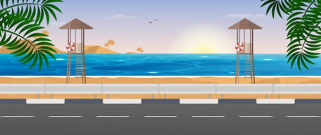 Vista marítima. Torre de rescate en la playa
