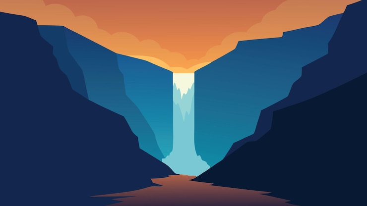 Vector vista matutina desde el centro de la cascada de kvernufoss ilustración vectorial plana