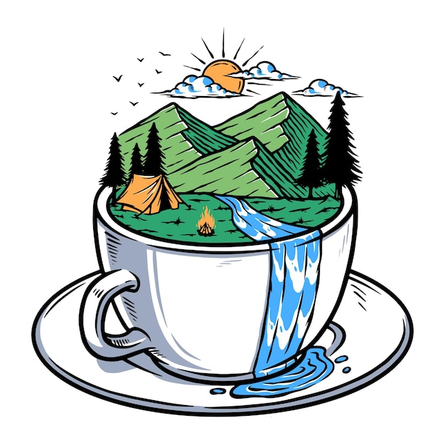 Vista a la montaña en la ilustración de la taza de café