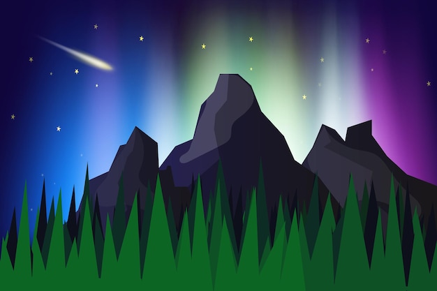 Vista de la montaña del paisaje con aurora boreal ilustración de vector de fondo abstracto, la aurora boreal