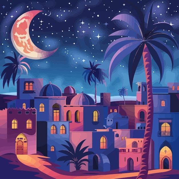 Vista nocturna de una casa de estilo árabe o marroquí