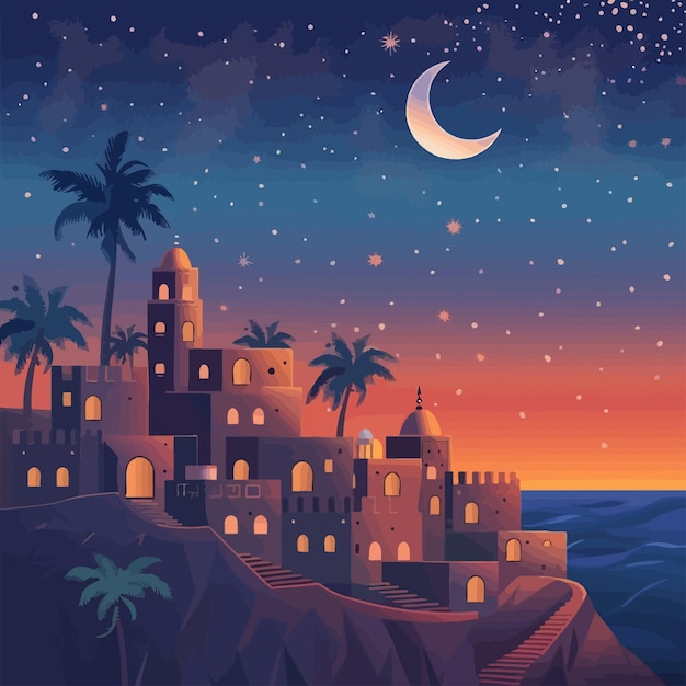 Vector vista nocturna de una casa de estilo árabe o marroquí