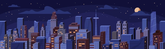 Vector vista nocturna de la ciudad con edificios comerciales, rascacielos, torres. paisaje urbano del centro financiero y el cielo a medianoche. panorama de la metrópolis de nueva york, patrón sin costuras. ilustración de vector plano.