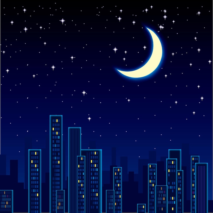 Vector vista nocturna de la ciudad. las estrellas y la luna están en el cielo.
