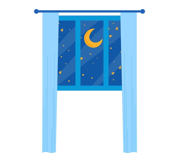 Vista nocturna por la ventana con luna creciente y estrellas en el cielo escena nocturna pacífica del cielo estrellado a través