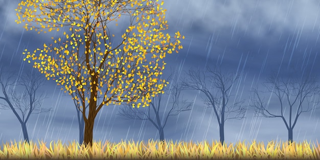 Vector vista de otoño, árboles. cielo dramático de otoño, está lloviendo.