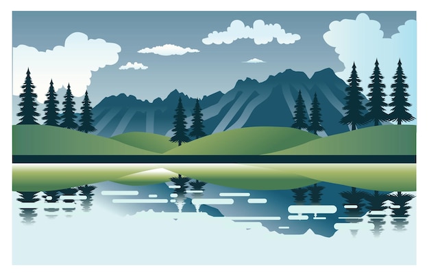 Vector vista del paisaje de montaña y lago con pinos