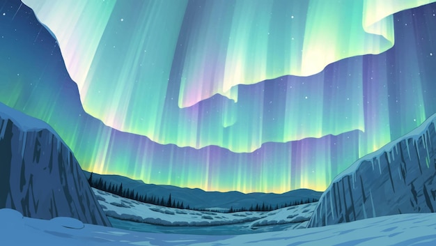 Vector vista del paisaje nevado detrás de la roca con la aurora boreal aurora ilustración de pintura dibujada a mano