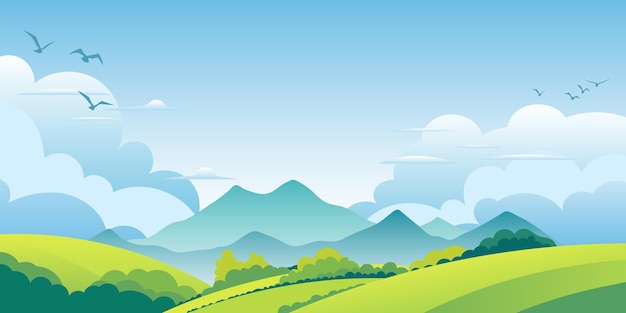 Vista del paisaje primaveral de prados verdes y colinas Ilustración