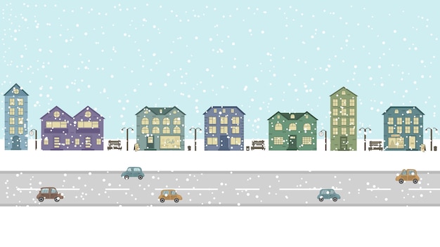Vista panorámica de la calle con casas y la carretera con autos Ciudad nevada de invierno Ilustración con edificios y detalles urbanos Casas de personas y una cafetería y una panadería entre ellos