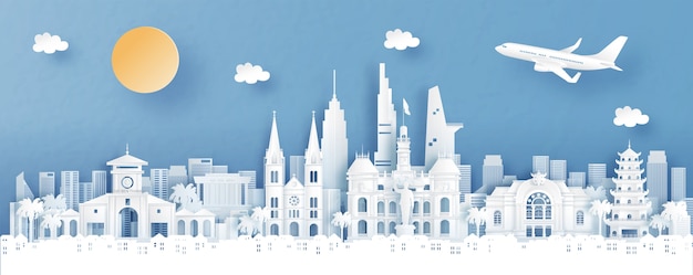 Vista panorámica de la ciudad de ho chi minh, vietnam con templo y horizonte de la ciudad con monumentos de fama mundial en la ilustración de vector de estilo de corte de papel