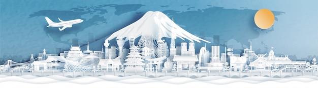 Vista panorámica del horizonte de la ciudad de Japón con hitos mundialmente famosos en la ilustración de estilo de corte de papel.