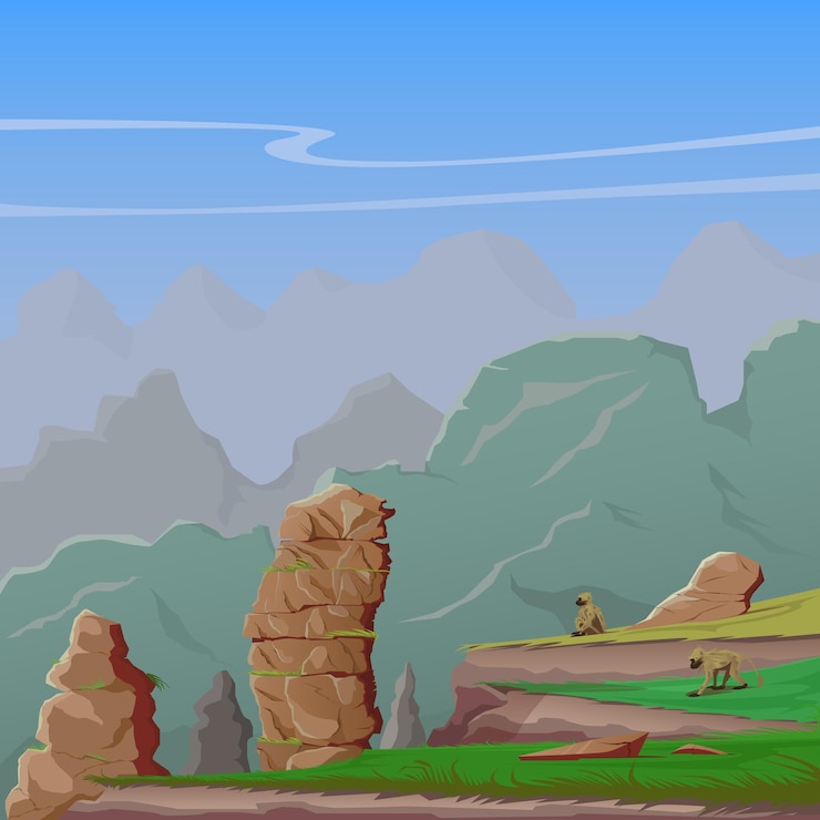 Vector vista panorámica del paisaje de montaña con monos ilustración de vector de tierras altas africanas escena de vida silvestre dibujo artístico
