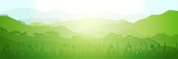 Vista panorámica de verdes colinas y montañas en la ilustración de vector de mañana soleada