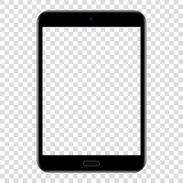 Vista en perspectiva frontal de tableta negra realista con pantalla en blanco sobre fondo transparente