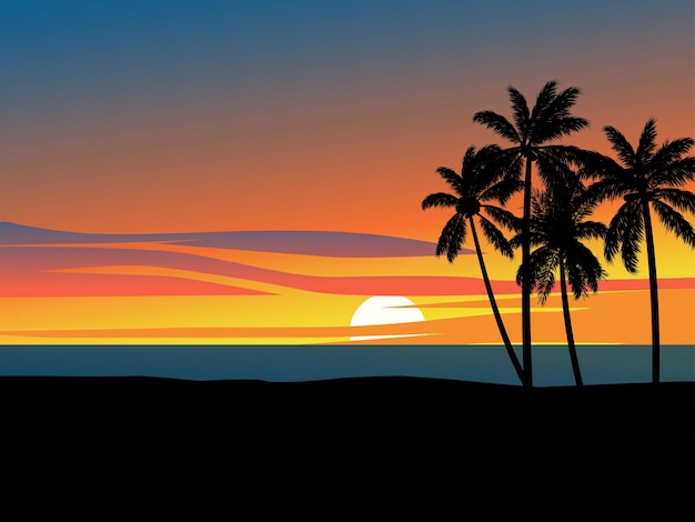 Vista de la playa al atardecer con cielo rojo y palmeras en silueta