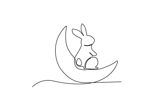 Vista posterior de un conejito sentado en una luna creciente Dibujo en línea de mediados de otoño