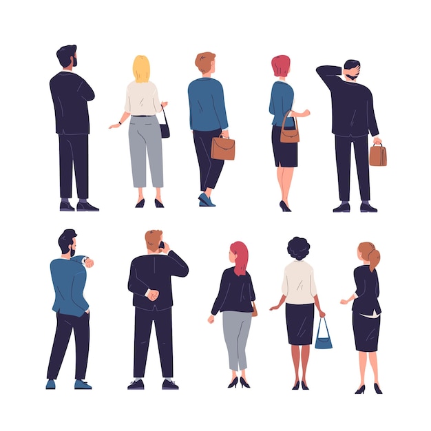 Vista posterior de gente de negocios Detrás de un hombre y una mujer con traje negro se volvieron un hombre de negocios posterior o una mujer de negocios jefe trasero trabajador de oficina corporativa ilustración vectorial con clase