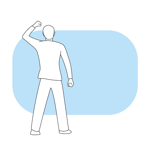 Vista posterior del hombre feliz levantando la mano en el espacio en blanco azul ilustración vectorial dibujada a mano aislada en fondo blanco