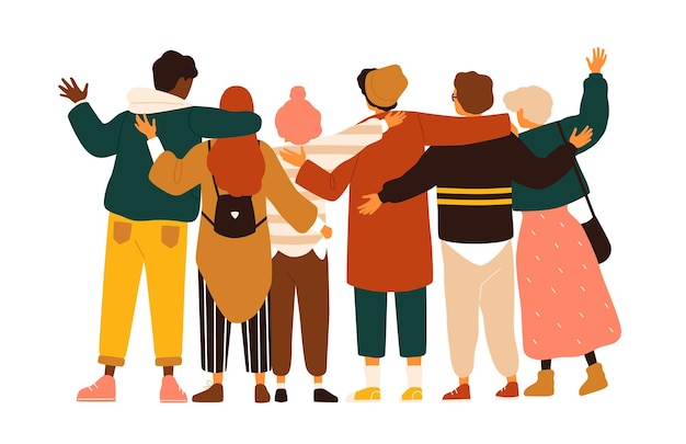 Vista posterior de niños y niñas adolescentes o amigos de la escuela parados juntos, abrazados, agitando las manos