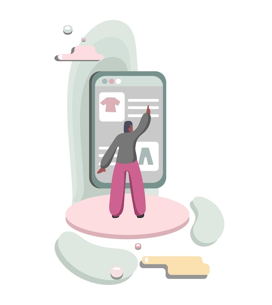 Vista posterior de la persona que pide ropa en línea Personas que eligen productos y ropa en la tienda en línea color 2d Vector ilustración de estilo plano sobre fondo blanco