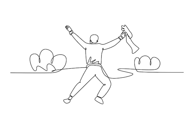 Vista posterior de una sola línea de un hombre de negocios feliz extiende sus manos en el aire y salta sobre la nube Celebración de negocios Diseño de dibujo de línea continua ilustración vectorial gráfica