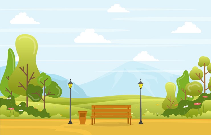 Vector vista de primavera de verano en el parque de la ciudad ilustración plana del paisaje al aire libre