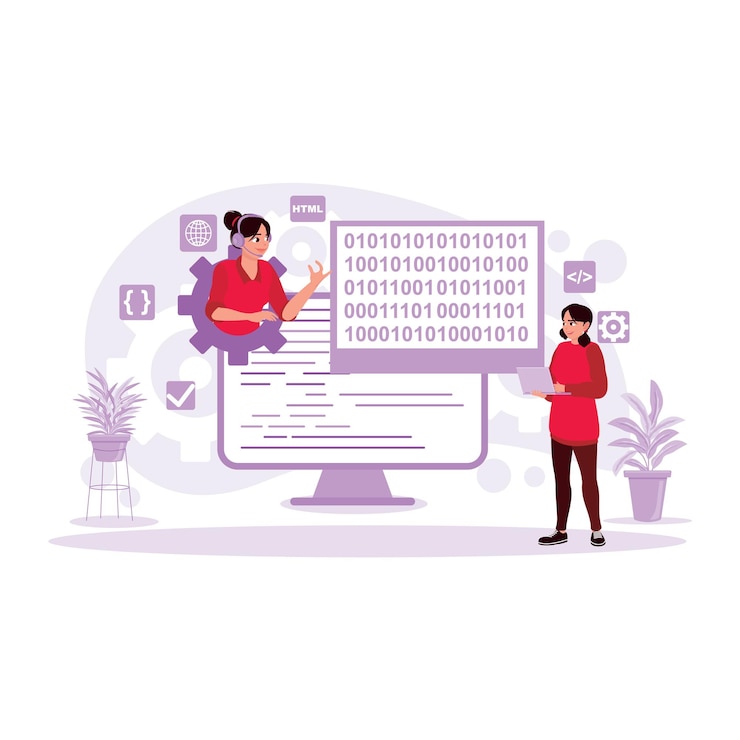 Vector vista de una programadora que trabaja con la computadora portátil concepto de desarrollo de programas