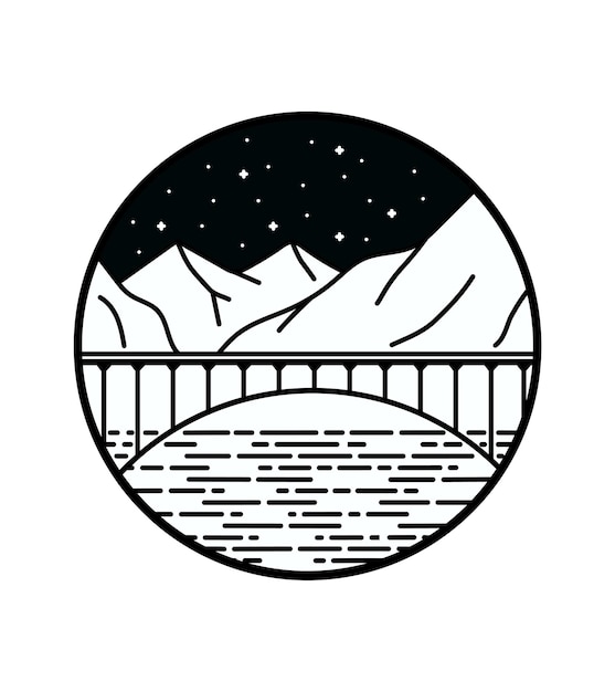 Vista del puente con montañas en el fondo línea salvaje insignia parche pin ilustración gráfica arte vectorial diseño de camiseta