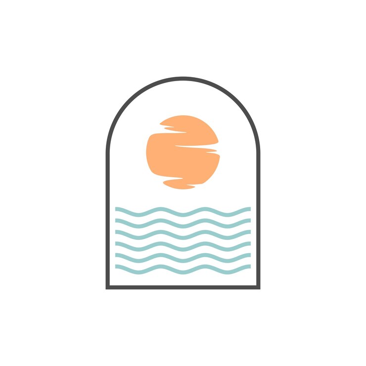 vista de la puesta de sol en una playa con una ola Ilustración de vector de diseño de logotipo