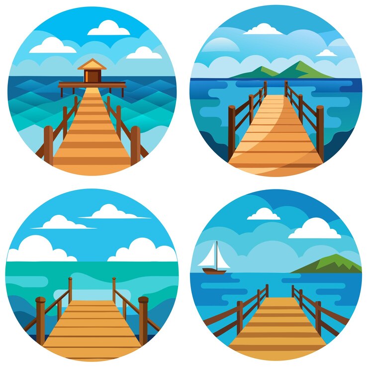 Vector vista serena del mar desde un muelle de madera diseñado por clipart