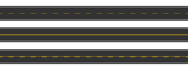 Vista superior aérea de caminos rectos. Carreteras horizontales vacías con diferentes marcas blancas y amarillas