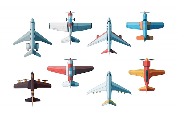 Vista superior de la aeronave. colección de aviones civiles y militares en imágenes de estilo