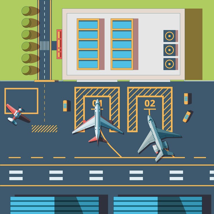 Vector vista superior del aeropuerto. edificio de la terminal y fondo de la pista del aeropuerto de aviones civiles