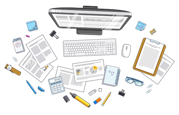 Vista superior del área de trabajo del escritorio con computadora PC y papeles de análisis con gráficos, datos y objetos de papelería en la mesa. Todos los elementos son fáciles de usar por separado o recomponer la ilustración. Vector.