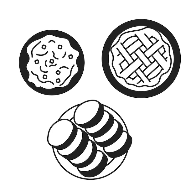 Vista superior del banquete de Acción de Gracias objeto de dibujos animados en 2D en blanco y negro pastel de calabaza de patata puré rollos de cena elemento de contorno vectorial aislado disposición de la comida ilustración de puntos planos monocromáticos por encima
