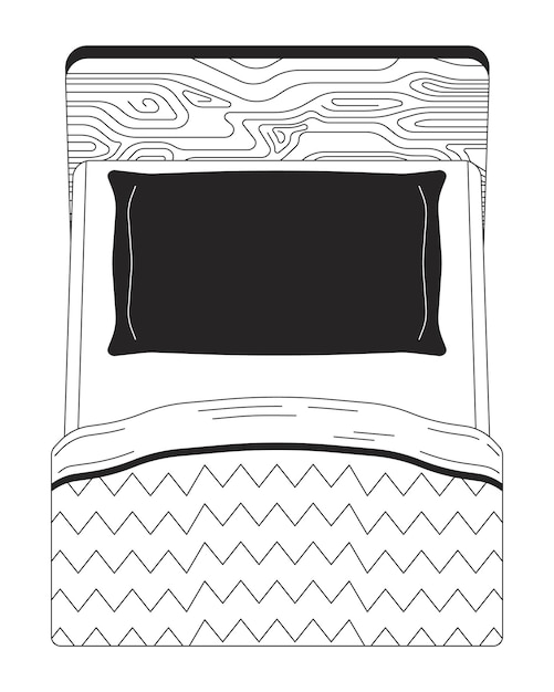 Vista superior de la cama de almohada objeto de dibujos animados en línea 2D en blanco y negro muebles de dormitorio elemento de contorno vectorial aislado habitación de hotel almohada oscura cubierta de cama cómoda ilustración de punto plano monocromático