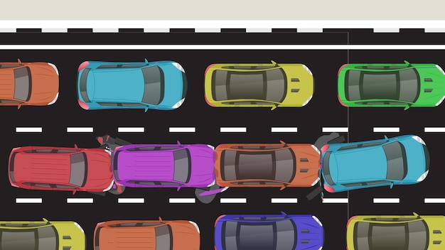 vista superior caricatura plana de vehículo con frenado forzado accidente de emergencia y carretera