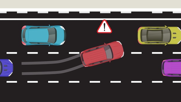 vista superior caricatura plana de vehículo con frenado forzado accidente de emergencia y carretera