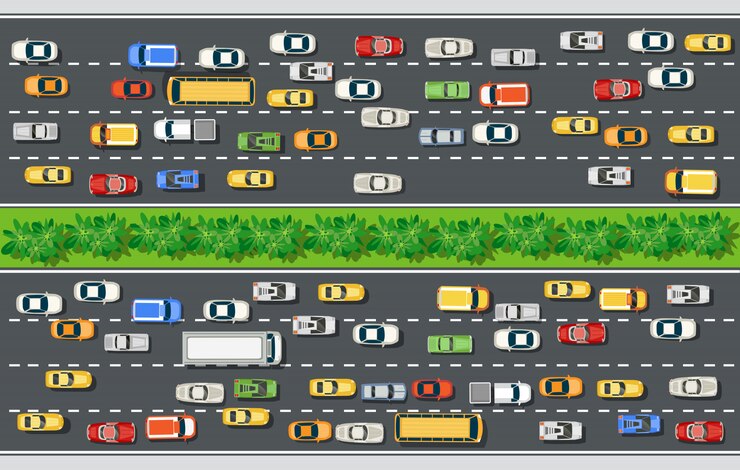 Vector vista superior de la carretera con autopistas, muchos vehículos diferentes