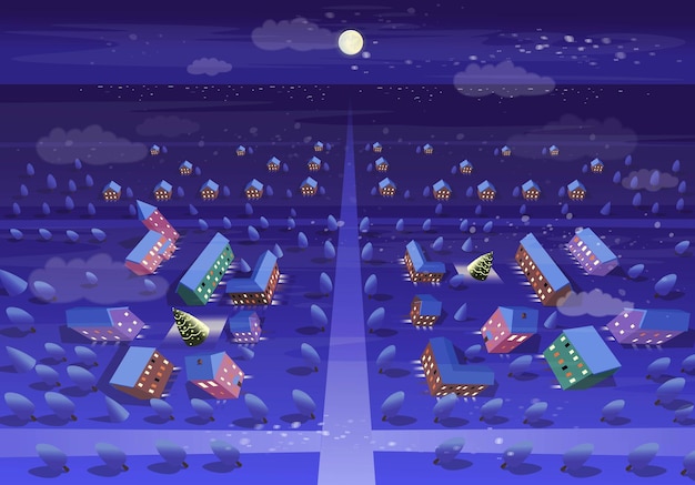 Vista superior de la ciudad de noche de invierno. ilustración de vector de estilo de dibujos animados.
