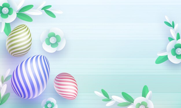 Vista superior de coloridos huevos de Pascua y flores de papel