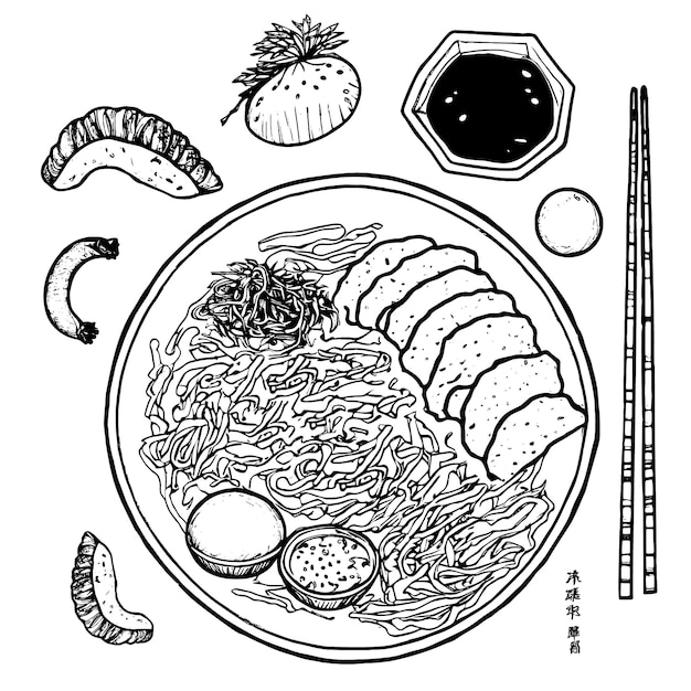 Vista superior de comida asiática dibujada a mano