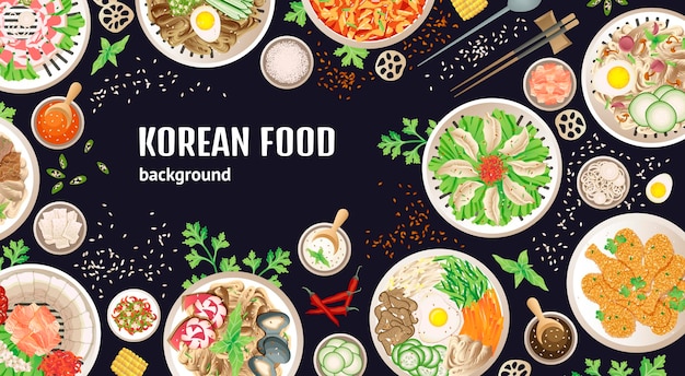 Vista superior comida coreana Barbacoa tofu comida mesa de almuerzo Comidas vegetarianas y diferentes carnes buffet Cocina asiática Cocina tradicional Fondo de vector ostentoso