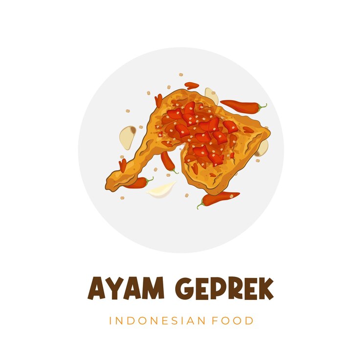Vista superior de la comida indonesia pollo triturado o ayam geprek logotipo de ilustración vectorial