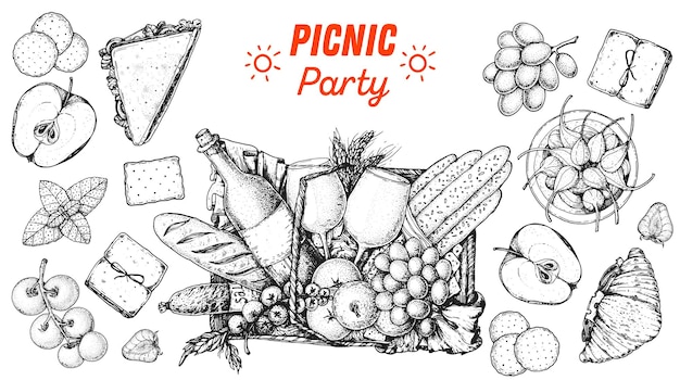 Vista superior de comida de picnic Ilustración vectorial dibujada a mano Cesta de picnic con pan vino uva manzana queso tomates salami Comida y bebida boceto Sándwich frutas bocadillos Comida de verano