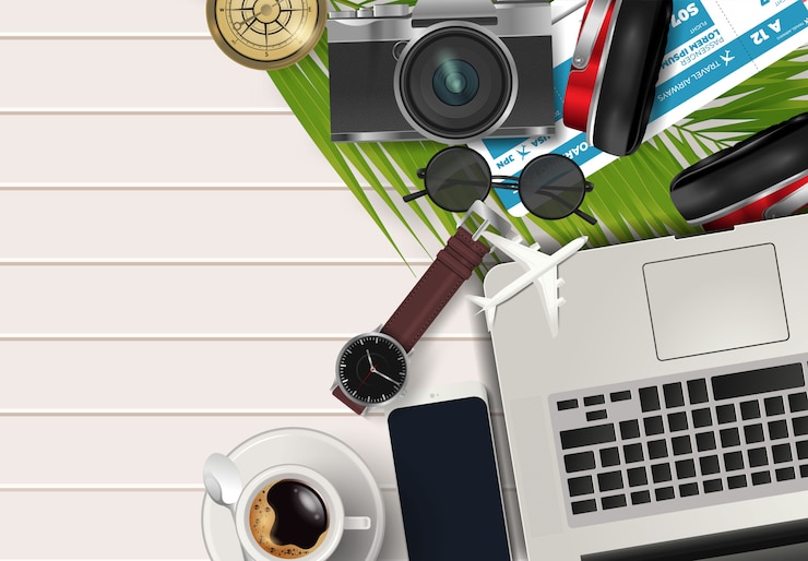 Vector vista superior en concepto de viajes y vacaciones sobre fondo de madera