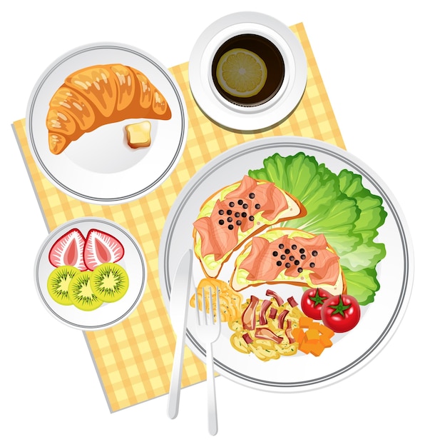 Vista superior conjunto de alimentos croissant y mantel sobre fondo blanco