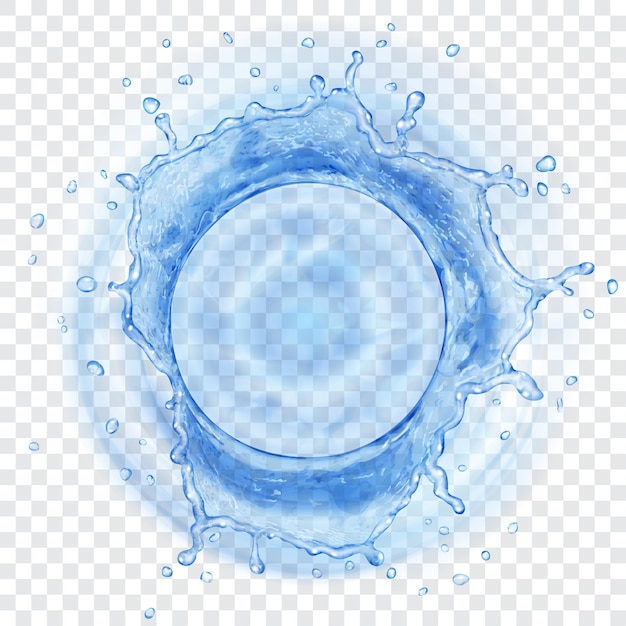 Vista superior de la corona de agua translúcida con gotas en colores azules, aislado sobre fondo transparente. Transparencia solo en formato vectorial