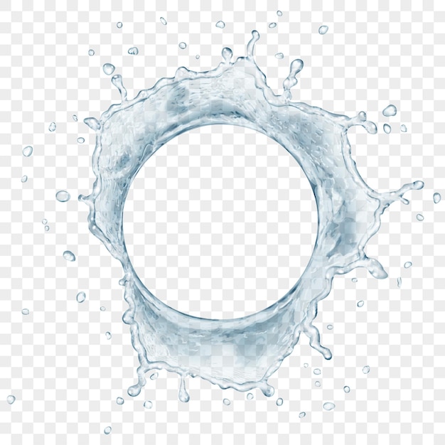 Vista superior de la corona de agua translúcida con gotas en colores grises, aislado sobre fondo transparente